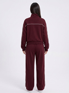 Conjunto de sudadera con capucha deportiva de marca privada para mujer, chaqueta con cremallera completa, cuello alto, ribetes en contraste, chándal de forro polar, pantalón relajado - Product Image 2