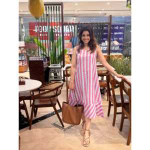 Vestido Maxi sin Mangas a Rayas Rosa y Blanco para Mujer, Corte Holgado Informal, Estilo Línea A, Ligero, para Vacaciones y Uso Diario, 100% - Product Image 1