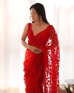 Red Embroidered Heavy Butterfly Net <b>Saree</b> <b>Blouse</b> for Women Traditional Indian Wedding Wear Floor-Length Quick Dry Bollywood - Product Image 1
