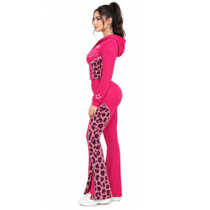 Ensemble de survêtement sportif pour femme, imprimé léopard rose, à capuche, manches longues, fermeture éclair, pour le printemps - Product Image 3