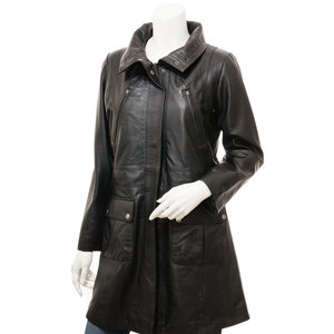 Custom <b>Women</b> Genuine <b>Leather</b> <b>Long</b> Motorcycle <b>Jacket</b> Stand Collar Zipper Closure Full Sleeve Utility Style Windproof Outer wear - Product Image 4