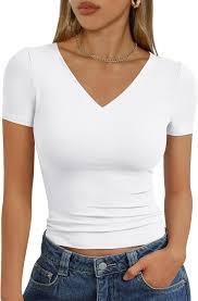 Camiseta casual de verano para mujer con cuello en V, 100% algodón, cuello redondo, manga corta, tejido liso. - Product Image 1
