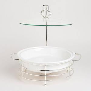 Juego de buffet de lujo con plato de cerámica blanca, tapa de vidrio y base de acero inoxidable cromado, calentador de alimentos cuadrado para bodas y fiestas. - Product Image 1