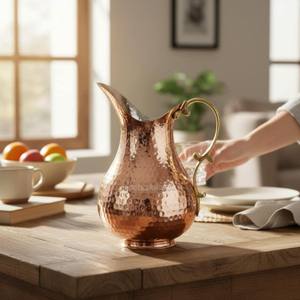 Pichet à Boissons Artisanal en Cuivre avec Poignée en Laiton – Carafe Robuste pour Eau, Jus, Lait – Idéal Hôtels, Restaurants, Traiteurs – Fournitures de Table - Product Image 1