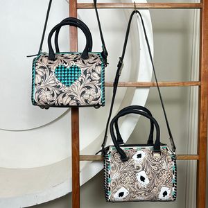 New Hand <b>Tooled</b> Genuine <b>Leather</b> Speedy Duffle Bag with Turquoise Checkered Heart Design Western Floral Cowhide Handbag for Women - Product Image 4