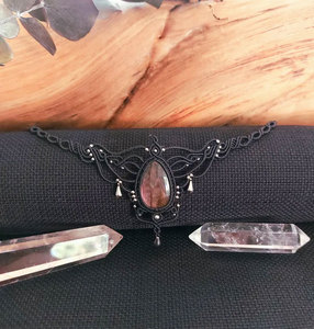 Handmade Labradorite Macrame Choker <b>Necklace</b> Black Cord Boho Gothic Jewelry Natural Labradorite Stone <b>Statement</b> <b>Necklace</b> - Product Image 2