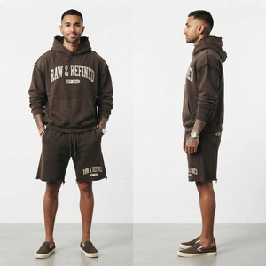 Conjunto de Sudadera con Capucha y Pantalones Cortos para Hombre, Estilo Casual, 100% Algodón, Felpa, Estampado, Desgastado, de Dos Piezas - Product Image 5