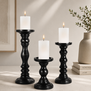 Ensemble de 3 porte-bougies en bois de manguier noir faits à la main, design élégant sur pied tourné, pour une décoration de table de luxe - Product Image 1