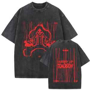เสื้อยืดโอเวอร์ไซส์แขนสั้นผู้ชาย สีดำพิมพ์ลายสีแดง สไตล์สตรีทแวร์ คอกลม ผ้าฝ้ายเจอร์ซีย์ 100% ลุคสบายๆ ซักย้อมแบบแอซิด ระบายอากาศได้ดี - Product Image 1