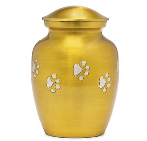 Urne funéraire artisanale en métal pour animaux de compagnie avec empreintes de pattes, finition Aurore Boréale, forme ronde, pour hommage. - Product Image 5