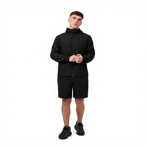 Black <b>Men</b> <b>Summer</b> Eco-friendly Sporty Print Windbreaker Shorts Set Lightweight Zip-Up <b>Jacket</b> Two-Piece Activewear Outfit Front - Product Image 1