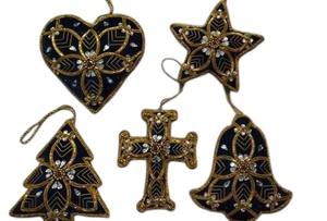 Ensemble d'ornements de Noël Zari à suspendre, décorations brodées dorées en forme d'étoile, de cœur, d'arbre, de croix et de cloche pour sapin de Noël, décoration de la maison, vente en gros - Product Image 2