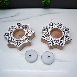 Wooden <b>Tea</b> Light Candle Holder <b>Stand</b> for Diwali Handmade Block Print Star Shaped T Light Holder for Home Decor - Product Image 5
