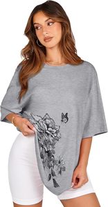 T-shirt décontracté en jersey de coton à imprimé floral gris à col rond et manches courtes pour femme, coupe ample, printemps-été - Product Image 6