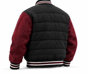 Men's <b>Quilted</b> Varsity Jacket Black Padded Body Burgundy <b>Wool</b> Sleeves Premium Puffer Letterman Jacket Outerwear OEM - Product Image 6