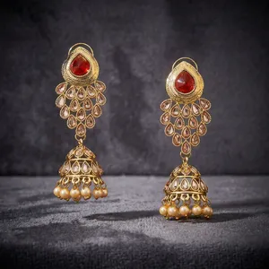 Boucles d'oreilles Jhumki classiques et tendance, plaquées platine, coupe papillon, avec alliage orange 8707 - Product Image 2