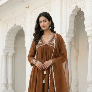 Ensemble de costume marron en Chanderi brodé Dori, coupe trapèze et froncé - Product Image 1