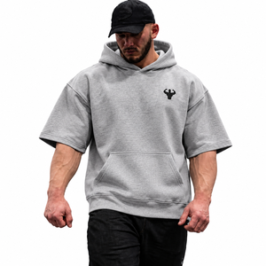 Men's Gray Oversized Hooded <b>Short</b> <b>Sleeve</b> Gym Pump Cover <b>Hoodie</b> Front Pocket Muscle Logo Casual Fit Fleece 100% Cotton Autumn - Product Image 1