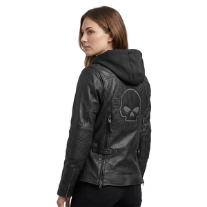 Veste en cuir coupe-vent unisexe H-D noire à manches longues, avec capuche softshell et logo brodé 3D sur le devant et le dos, toutes saisons - Product Image 6