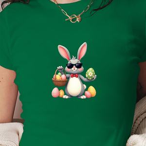 Women's Fashion Y2K Slim Fit Short <b>T</b>-<b>Shirt</b> Animated Rabbit with <b>Easter</b> Eggs Print on Knitted Fabric - Product Image 2