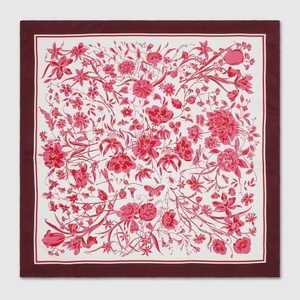 Luxury Pink Botanical Print <b>Scarf</b> Elegant Floral <b>Square</b> Silk Scarfs for Women & Girls Rich Burgundy Border for a Premium Finish - Product Image 1