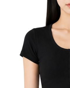 Camiseta Henley Corta de Algodón Elástico para Mujer, Negra, Personalizada, de Manga Corta, con Cuello de Botones, Ajustada, Informal, de Verano, a la Moda - Product Image 3