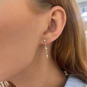 Lab Grown Diamond Station Earrings Pave Set 28mm Bezel 14K Gold Delicate Hanging Dangle Drop Chain Earring <b>Round</b> Cut For Women - Product Image 4