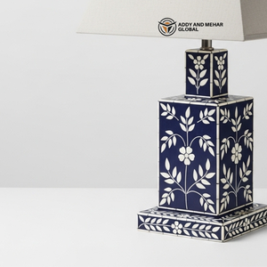 Handcrafted Blue Bone Inlay <b>Table</b> <b>Lantern</b> with Floral Pattern Luxury Tiered Square Decorative Bedside <b>Lamp</b> with Fabric Shade - Product Image 5