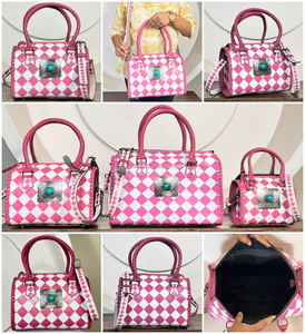 Custom Logo Hand Carry Overnight Weekender Duffle Bag Designer Hand <b>Tooled</b> Checkered <b>Leather</b> Medium Travel Speedy Bags for Women - Product Image 3