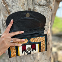 Couverture de selle usinée à la main portefeuille à bandoulière pour femmes occidentales sac à main aztèque en cuir véritable organisateur porte-cartes de crédit