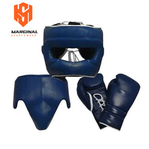 Hot Selling Premium Fly <b>Silver</b> Blue Boxing Sparring Sets Genuine Leather Training <b>Gloves</b> Adjustable Strap Headgear Groin Guard - Product Image 5