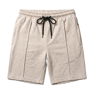 Shorts pour hommes en mélange coton-polyester beige, taille à cordon de serrage, couleur unie, tissu tricoté respirant, poches, taille mi-haute - Product Image 1