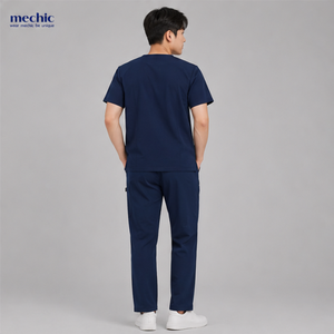 Conjunto de uniforme médico antiarrugas para hombre, color azul marino, cuello en V, manga corta, tela tejida de algodón y poliéster - Product Image 2