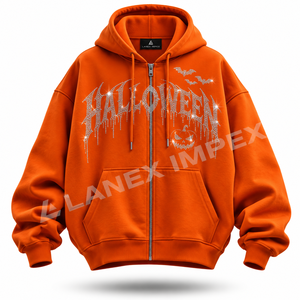 Sweat-shirt à capuche zippé surdimensionné pour homme, orange, avec strass imprimés, en coton épais, style streetwear décontracté - Product Image 2