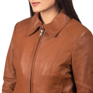 Veste en cuir véritable pour femme, couleur tan, col classique, coupe ajustée, fermeture éclair sur le devant, imperméable, automne-hiver, qualité supérieure - Product Image 6