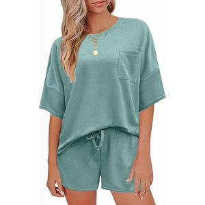 Conjunto de Shorts Casuales de Punto Waffle para Mujer, Camiseta Holgada, Ropa de Verano - Product Image 1