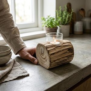 Rustic Wooden <b>Log</b> Tealight Candle Holder with Glass Cup Handmade Natural Wood Table <b>Decor</b> - Product Image 3