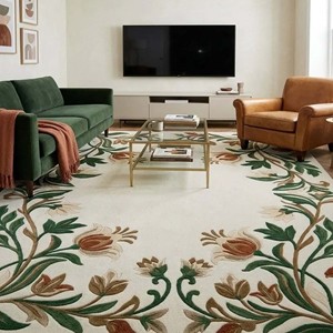 Tapis d'intérieur rectangulaire en laine tuftée à la main à motif floral, à poils moyens, antidérapant, pour salon, style transitionnel, décoration intérieure - Product Image 1