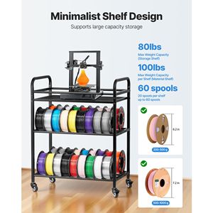 Scaffale porta filamenti per stampante 3D - Porta bobine a 3 livelli con ruote per impieghi gravosi - Soluzione per lo stoccaggio dei filamenti - Product Image 6
