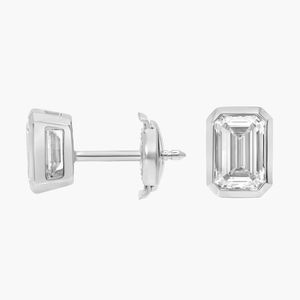 2 CTW Lab Grown Diamond Emerald Cut Stud Earrings 14K White Gold Rhodium Plated Bezel Set Luxury Fine Jewelry - Product Image 2