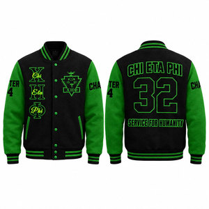เสื้อแจ็คเก็ตวาร์ซิตี้สีเขียวสำหรับผู้ชาย แบรนด์ Chi Eta Phi ปักลายตัวอักษร "Service For Humanity 32" พร้อมโลโก้ด้านหน้า สวมใส่สบายๆ ในฤดูใบไม้ร่วง - Product Image 4