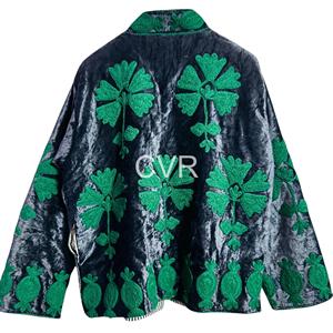 Poncho en velours pour femmes grandes tailles, col mandarin, manches longues, motif floral brodé à la main, style chinois, vêtements d'extérieur d'automne - Product Image 2