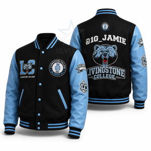 Livingstone College Varsity <b>Jacket</b> <b>Men's</b> Black Light Blue Bear Logo Patch Design Casual College <b>Baseball</b> Style - Product Image 1