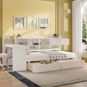 Letto a giorno a forma di L in legno per bambini con 7 armadietti e 2 cassetti, letto multifunzionale con scrivania - Product Image 2