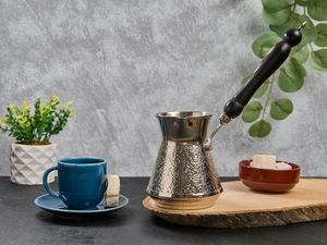 3-Piece Silver Turkish Coffee Pot <b>Set</b> Textured Silver Plated Copper Cez Ibrik Premium <b>Arabic</b> Coffee Maker <b>Set</b> with Inlaid handle - Product Image 2