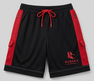Shorts de sport noirs avec empiècements latéraux rouges, poches cargo et cordon de serrage rouge, logo Huracan en studio pour vêtements de sport haut de gamme - Product Image 1