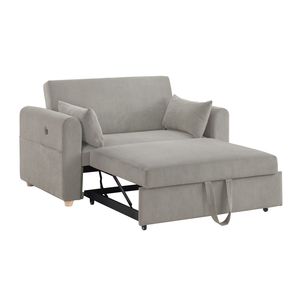 Divano letto trasformabile Marielle 55"W in velluto a coste grigio con porte USB, tasche porta riviste e cuscini - Categoria: Divani letto - Product Image 2