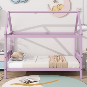 Letto a casetta rosa per bambini con testiera e pediera, con struttura in legno di gomma - Product Image 6