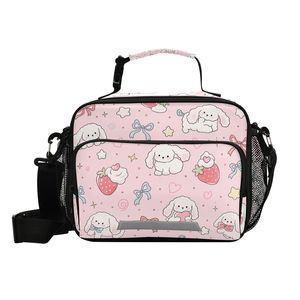 Kawaii Pink Insulated Lunch <b>Bag</b> with Dog Strawberry Pattern 28cm Zipper Closure Casual Cooler <b>Tote</b> for Food Storage - Product Image 3