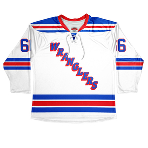 Maillot de hockey sur glace Rochester Wranglers bleu, blanc, rouge, sublimation, polyester respirant, nom de l'équipe, fermeture à nouer - Product Image 3